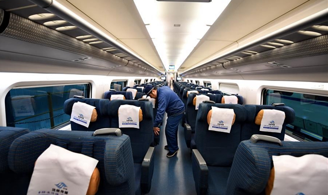 Railway worker conducts safety check for bullet trains on 1st day of Spring Festival travel rush