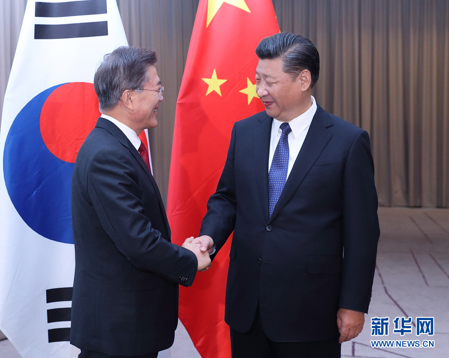 7月6日，國家主席習近平在柏林會見韓國總統(tǒng)文在寅。 新華社記者 王曄攝