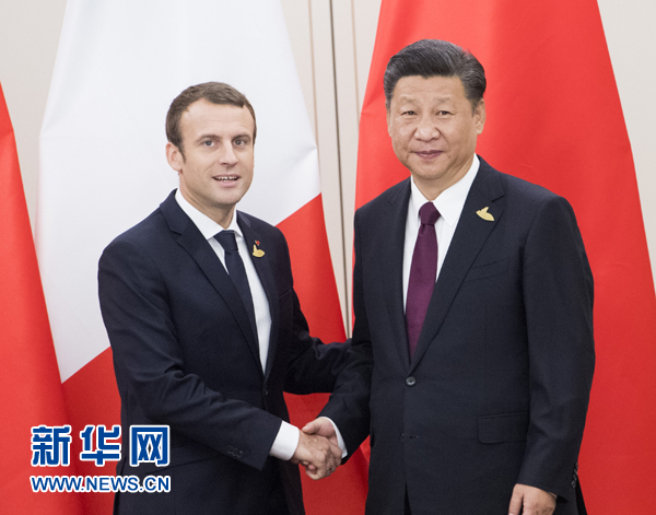 7月8日，國家主席習(xí)近平在漢堡會見法國總統(tǒng)馬克龍。新華社記者 李學(xué)仁 攝